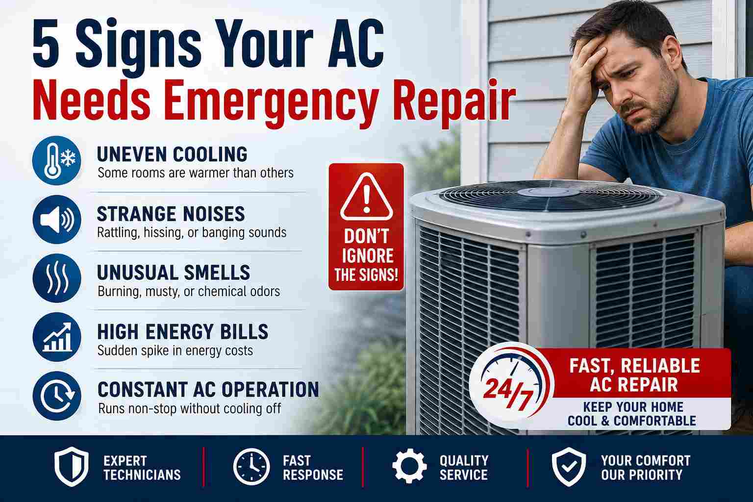 5-signs-your-ac-needs-emergency-repair HVAC technician inspecting a residential air conditioning unit showing signs of emergency repair, including uneven cooling, unusual noises, and reduced performance.