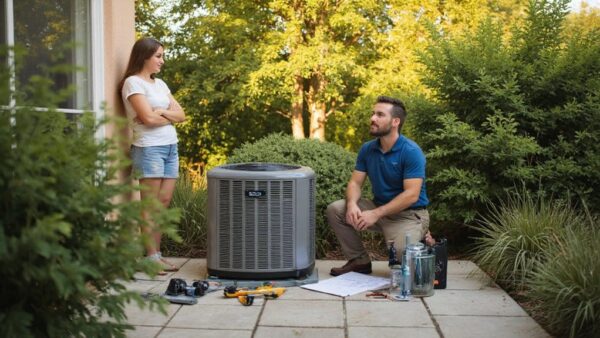 AC contractor discussing air conditioning installation with homeowner