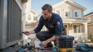 Homeowner discussing AC installation with an HVAC contractor