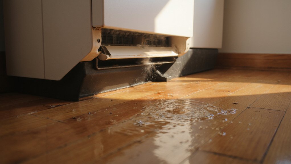 ac-leaking-water-inside-house AC leaking water inside a home with visible floor puddle near indoor unit