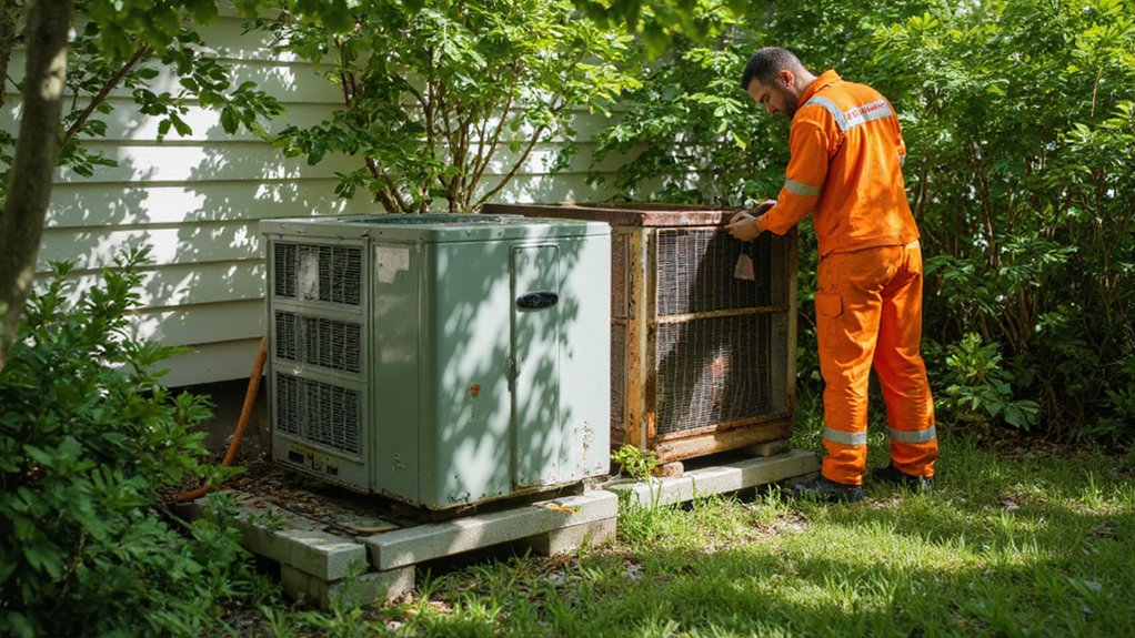 Technician inspecting air conditioner during routine AC maintenance to prevent system issues