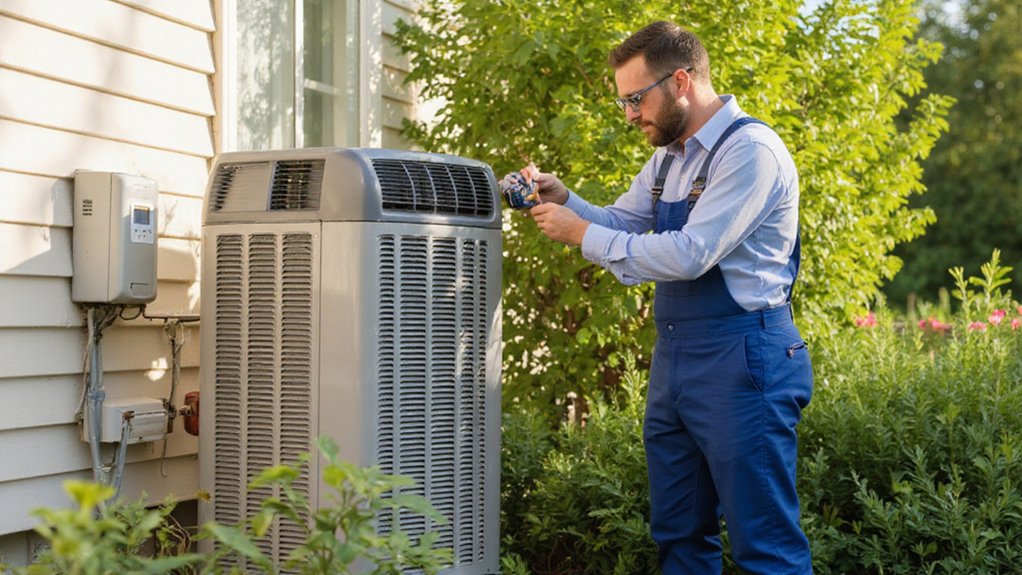 Technician inspecting home air conditioner during routine maintenance for better energy savings