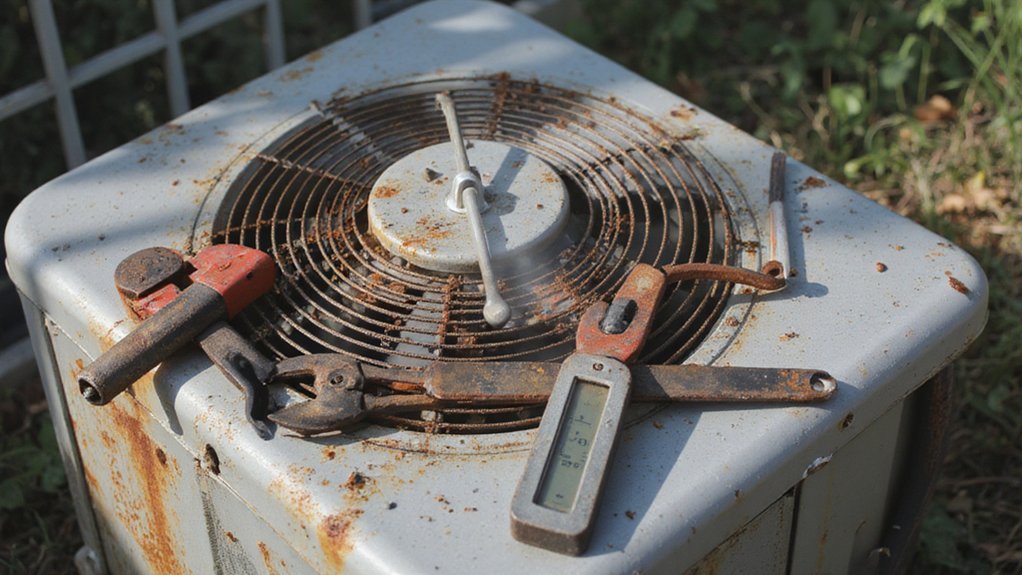 Home air conditioner unit showing signs of repair or replacement decision