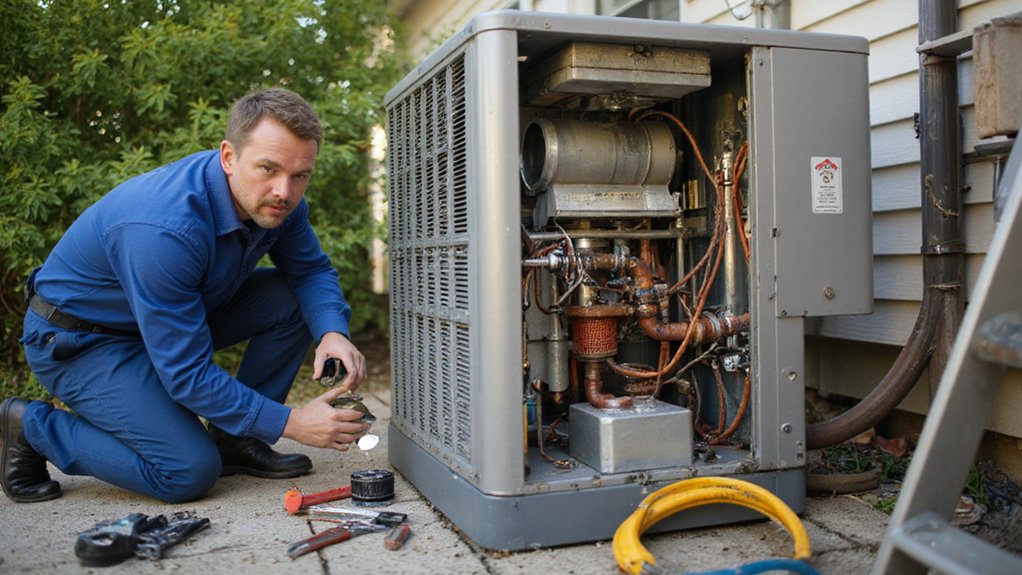 air-conditioner-troubleshooting-professional-ac-repair Technician inspecting an air conditioner during professional AC repair