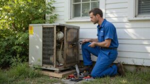AC technician repairing an older air conditioning system
