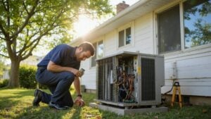 Professional HVAC technician inspecting an air conditioning system
