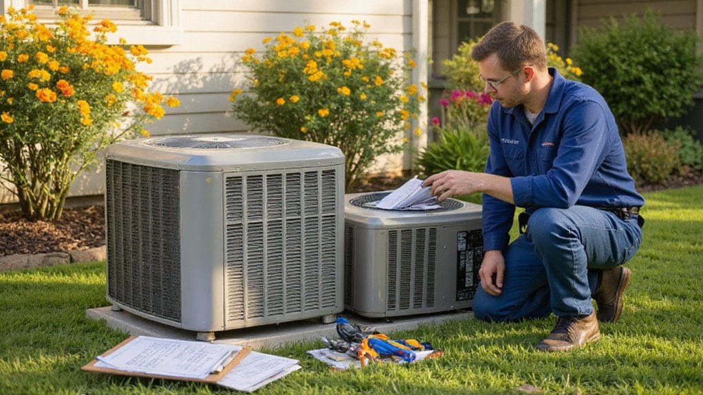 choosing-hvac-contractor-ac-installation-replacement HVAC contractor discussing AC installation and replacement options with a homeowner