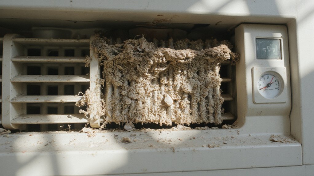 Clogged AC air filter filled with dust and debris reducing airflow