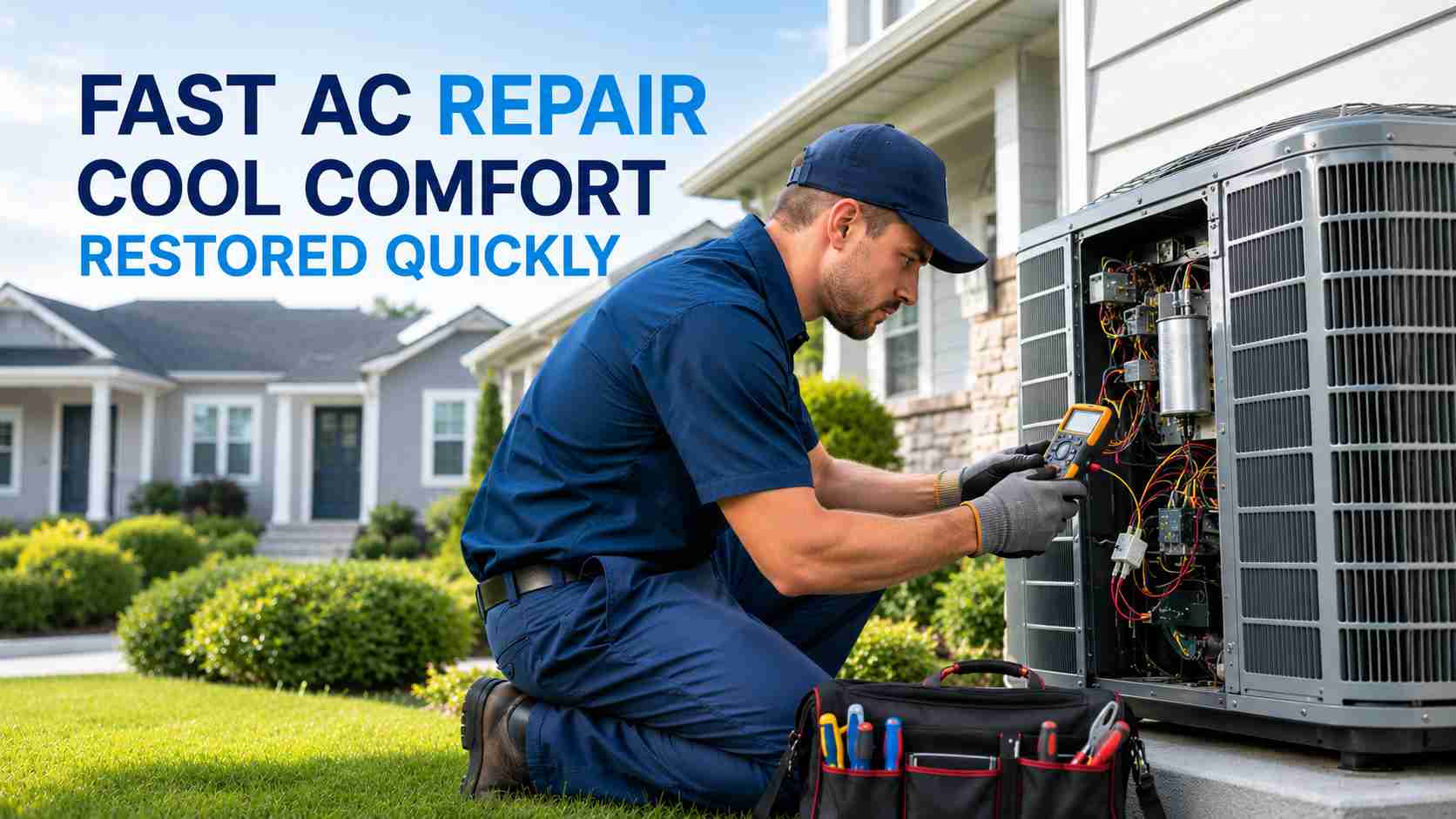 how-fast-can-ac-repairs-be-completed HVAC technician repairing a residential air conditioning unit during a service visit