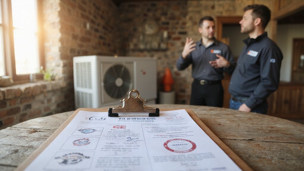 HVAC contractor showing license and certification documents to a homeowner