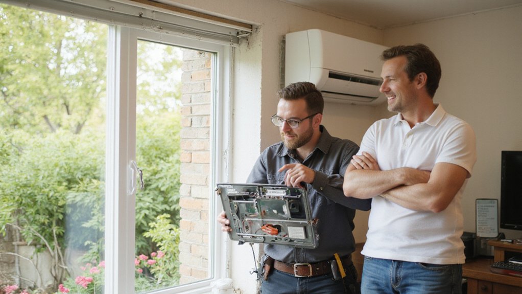 professional AC technician repairing an air conditioner at home