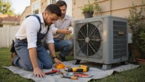 Professional AC technician repairing an air conditioning system during an emergency cooling problem