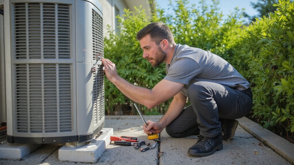 professional-ac-repair-technician Professional HVAC technician repairing a home air conditioner