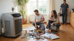 Professional AC technician inspecting an air conditioning system