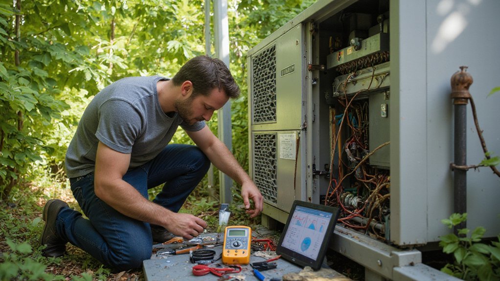 professional-ac-technician-diagnosing-air-conditioning-problems Professional AC technician diagnosing an air conditioning problem