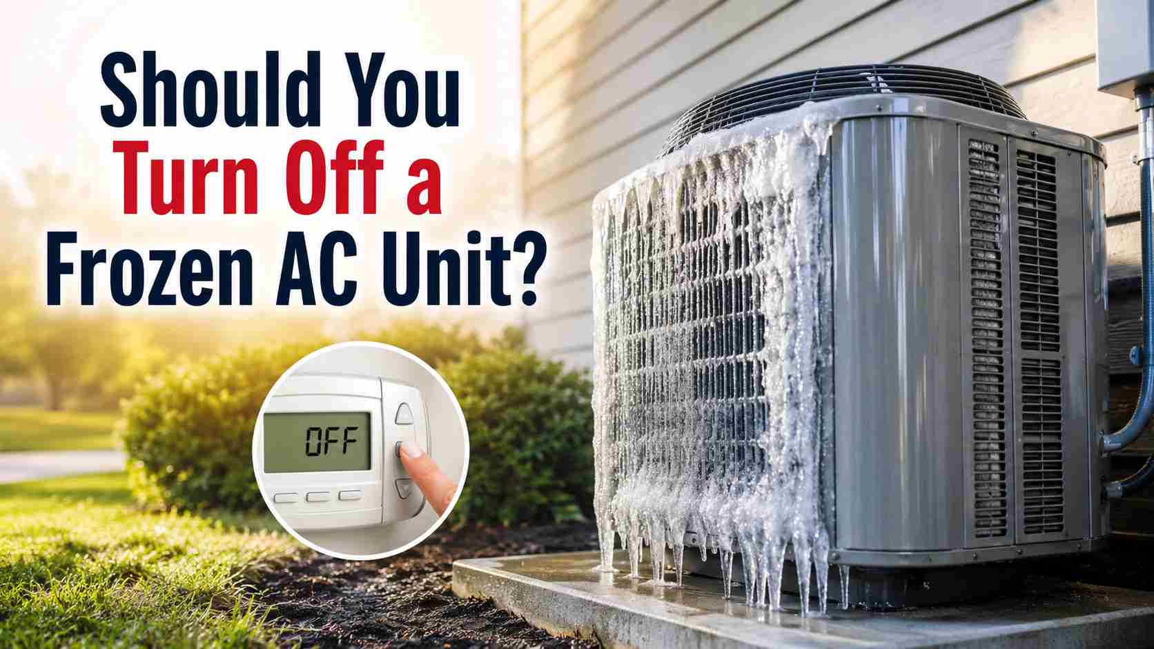 should-you-turn-off-a-frozen-ac-unit Frozen air conditioner unit covered in ice while a homeowner prepares to turn off the system to prevent damage