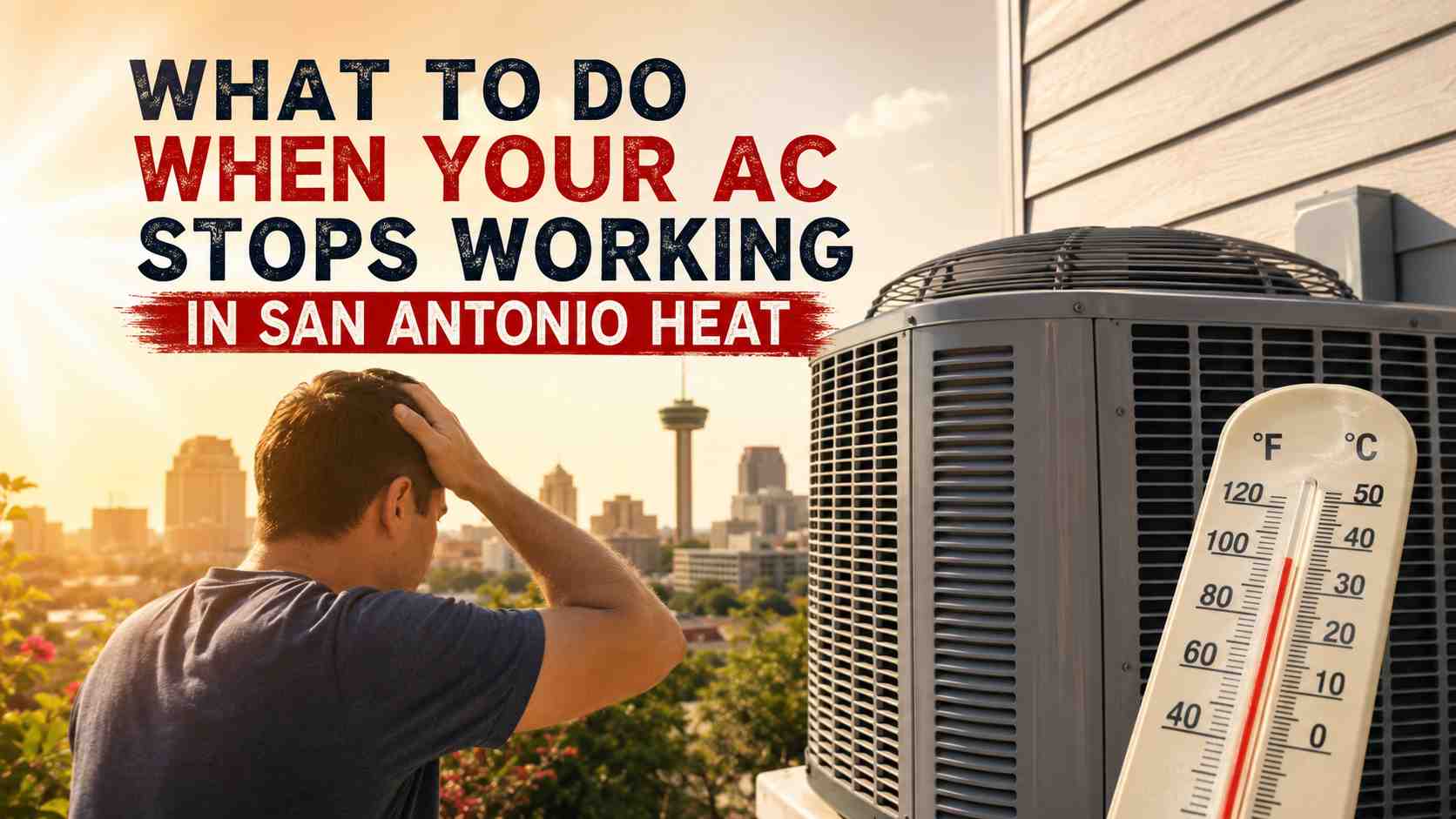 what-to-do-when-ac-stops-working-san-antonio Homeowner checking a broken air conditioner during extreme summer heat in San Antonio