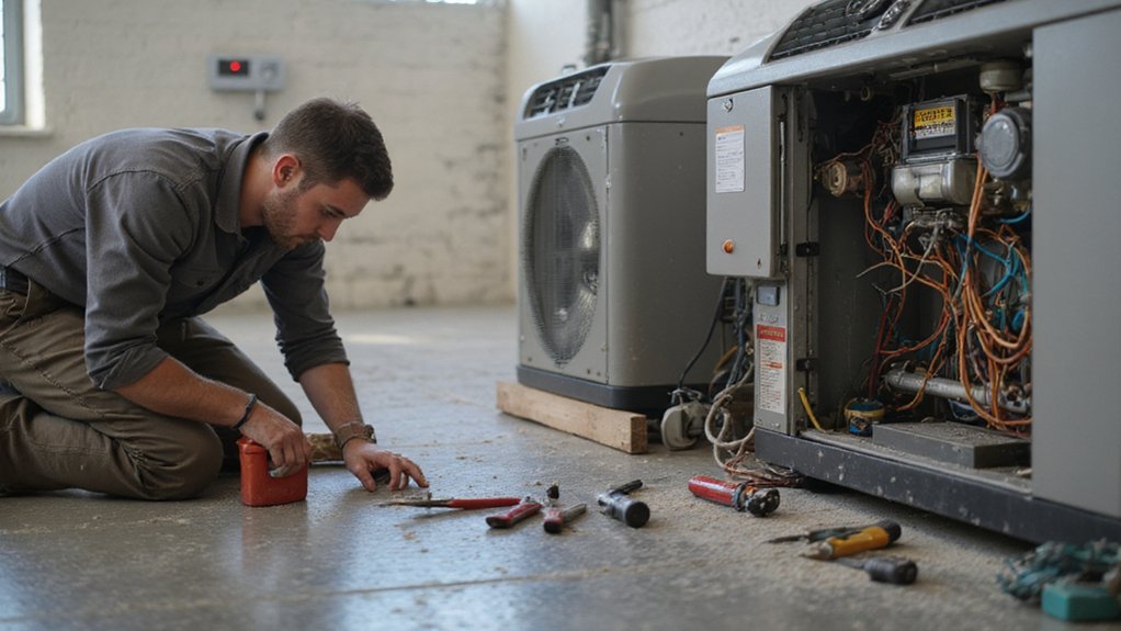 when-to-call-professional-ac-repair Technician inspecting home air conditioner for repair issues